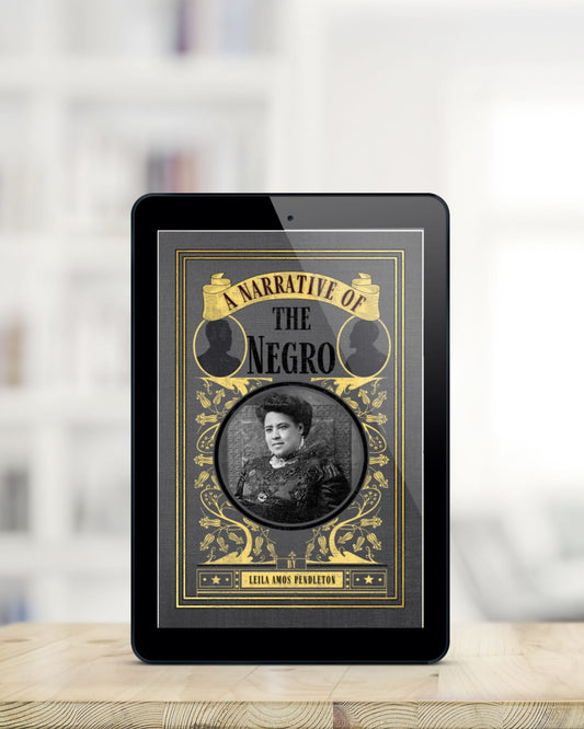 Glossy tablet showing the ebook cover of the grey and yellow A Narrative of the Negro. It is standing on a blonde wood table with the background blurred.