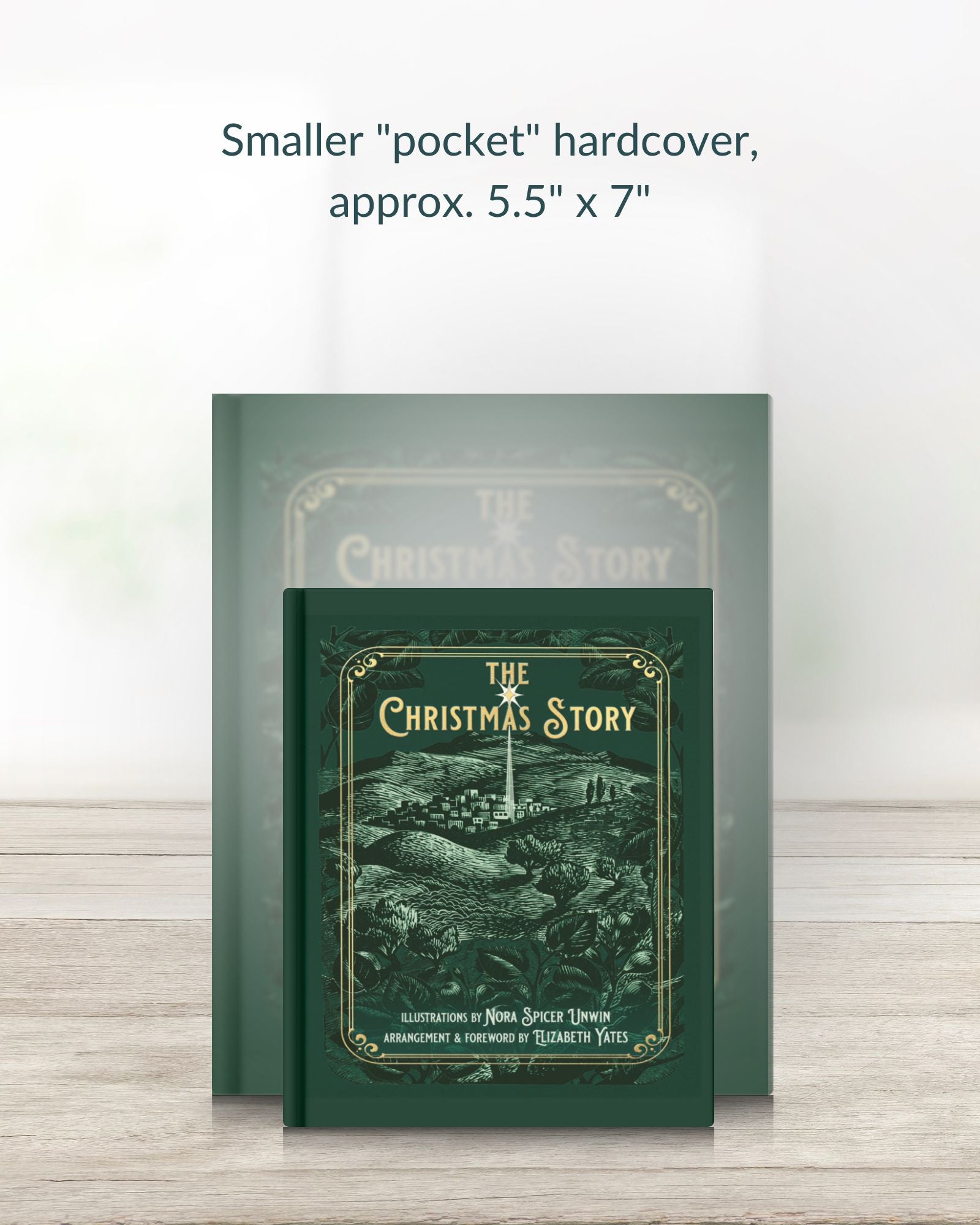 Small "pocket" hardback of The Christmas Story by Elizabeth Yates, a Biblical scripture compilation illustrated by Nora Spicer Unwin, published by Smidgen Press