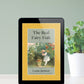 The black tablet displays the golden cover of the ebook "The Real Fairy Folk"  and is standing upright on a white surface near an ivy plant in front of a light green wall.