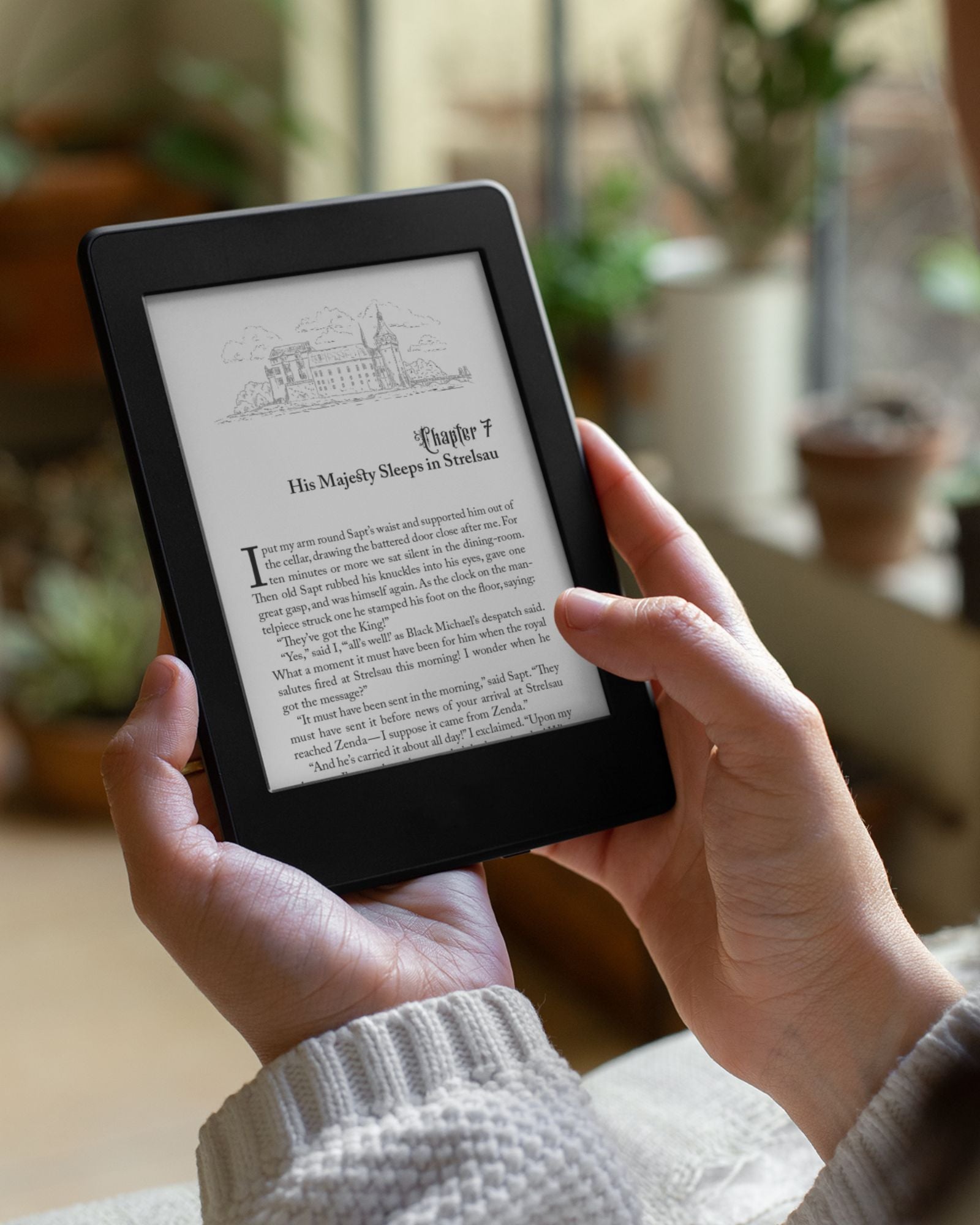 White hands gently hold a tablet which is turned to the illustrated heading for chapter 7 in the ebook of "The Prisoner of Zenda". The background of this picture is blurred plants on the floor and on a windowsill. 