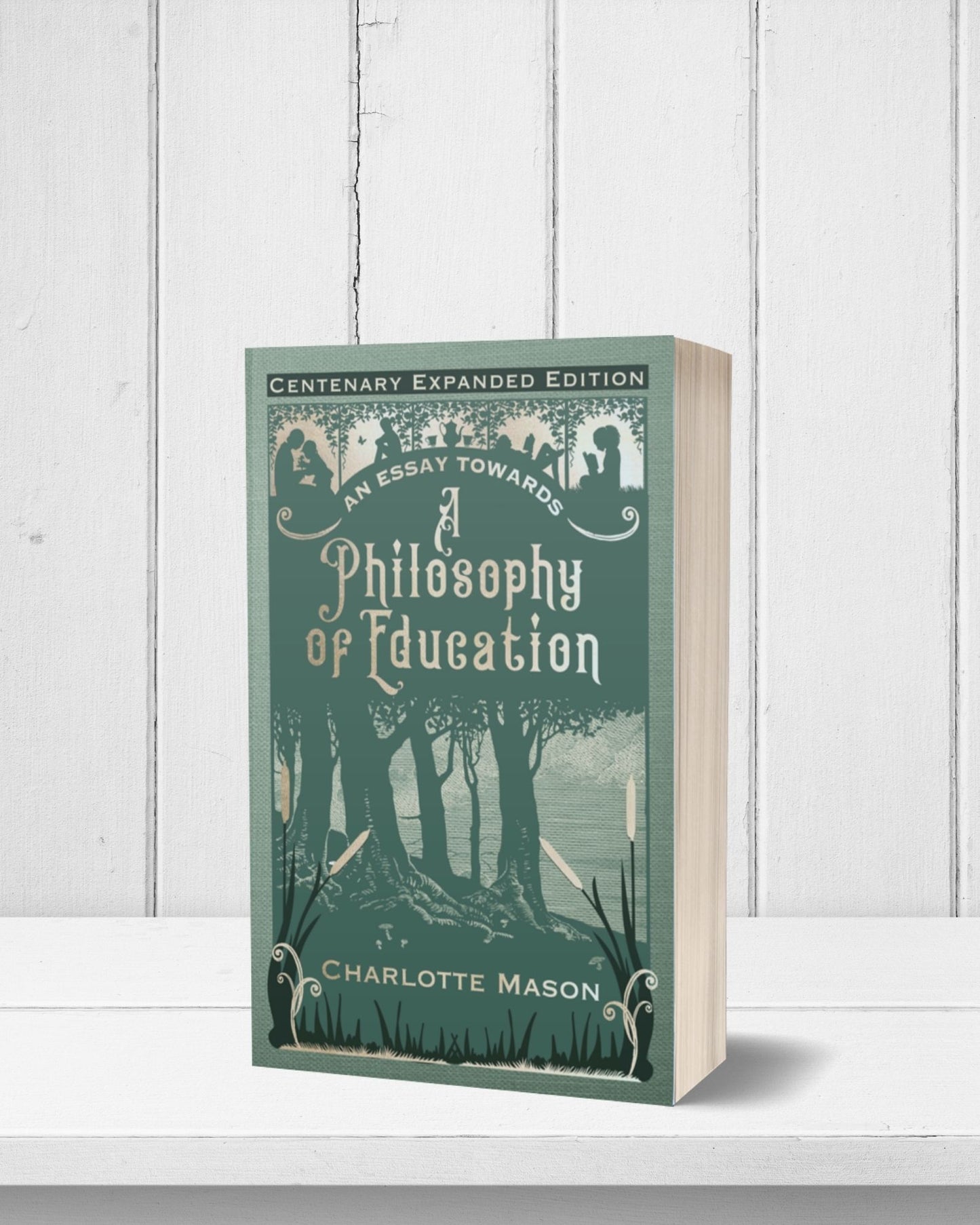 The paperback edition of the sage green book "An Essay Towards a Philosophy of Education" stands on a white shelf in front of white washed walls.