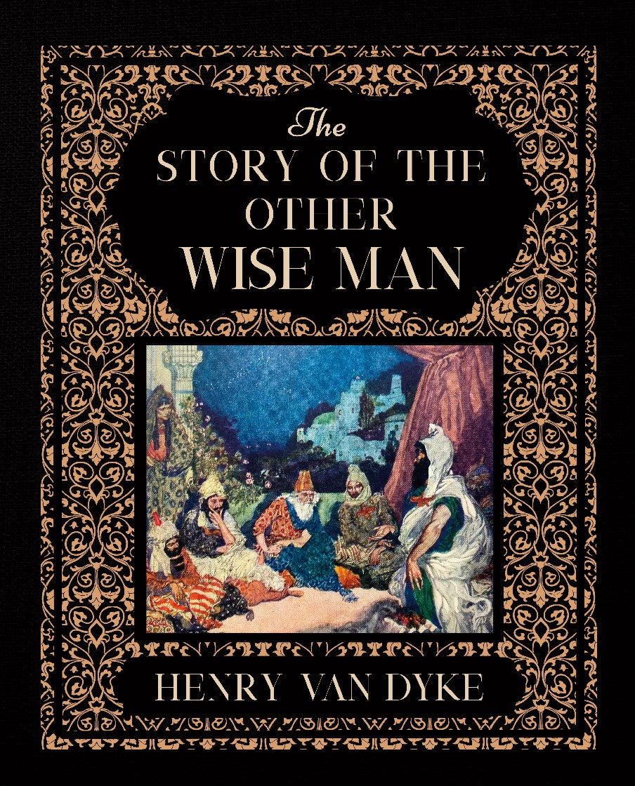 The ornate black and gold cover of The Story of the Other Wise Man with one of the original illustrations of the eastern wise man surrounded by gold filigree.